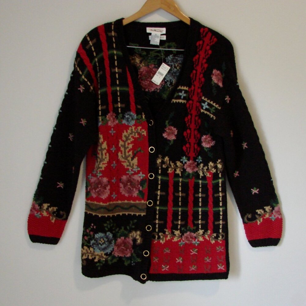 Talbots Hand Knit Chunky Cardigan Sweater Floral Tapestry Cottagecore NEW Large